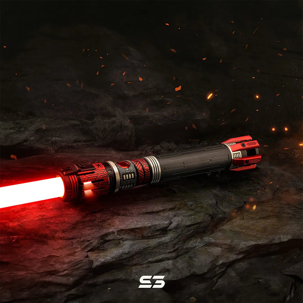 Ben Solo-inspired custom neopixel red lightsaber features red and black finish with silver accents, acid-etch geometry and pyramid motifs