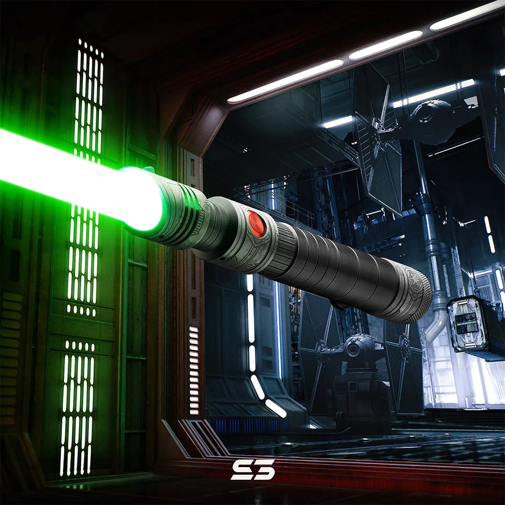 Darth Vader-inspired custom neopixel green lightsaber features weathered finish, TIE fighter solar panel motifs and industrial girding