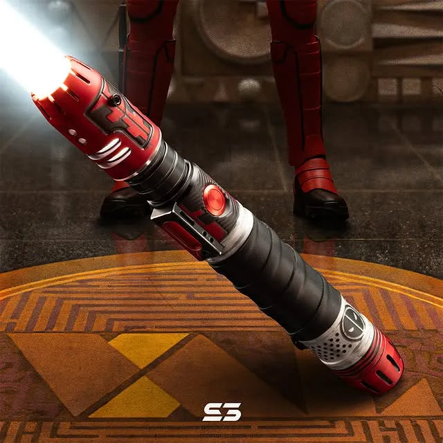 Pod racer engine-inspired custom neopixel white lightsaber features red and black finish, leather wrap, armor motifs and Deadpool logo