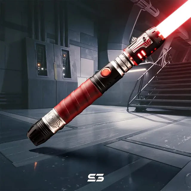 od racer engine-inspired custom neopixel red lightsaber features black and silver finish with red leather wrap, Imperial cog emblems