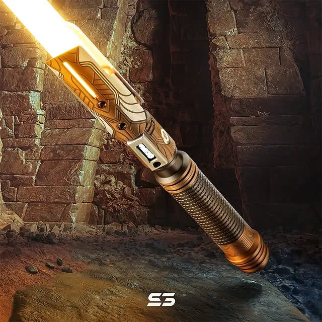 Cal Kestis-inspired custom neopixel yellow lightsaber features rich brass finish, silver accents, Bastila Shan armor motifs and Jedi Order emblem