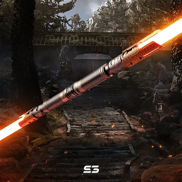 Cal Kestis-inspired custom neopixel orange lightsaber features Sun Wukong theme, celestial clouds and yaoguai armor motifs, circlet designs
