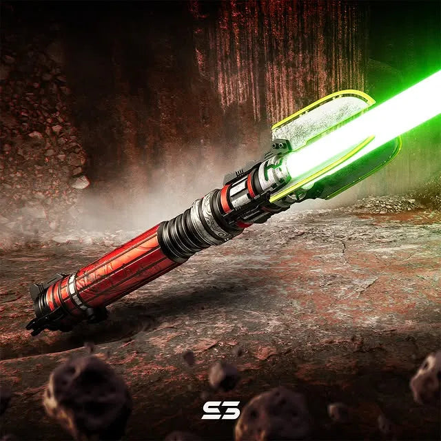 Sith-inspired custom neopixel green lightsaber features weathered finish with crimson accents, Nightsister heritage motifs and runes