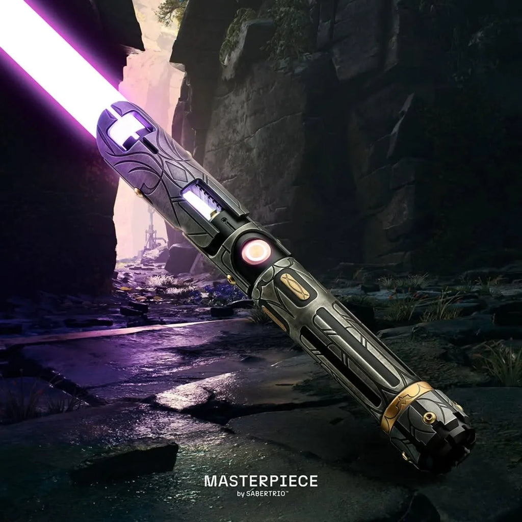 Exposed Kyber crystal custom neopixel purple lightsaber features weathered finish with gold accents, geometric ancient technology motifs