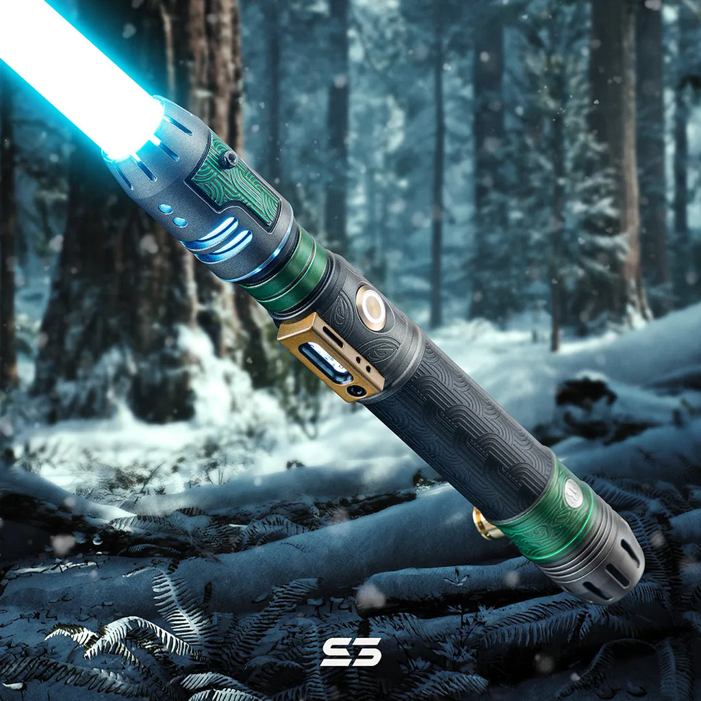 Pod racer engine-inspired custom neopixel lightsaber features emerald green and gold accents, festive wave motifs with cyan blade
