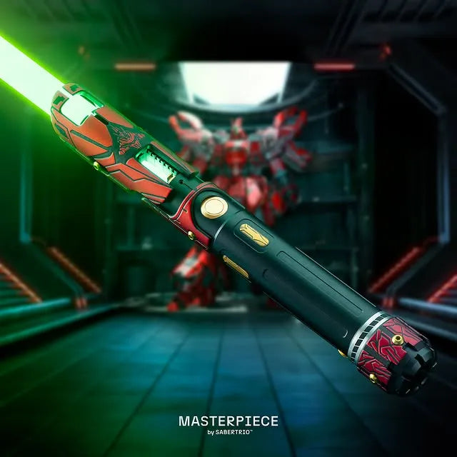 Exposed Kyber crystal custom neopixel green lightsaber features Newborn Neo Zeon emblem and Sazabi mobile suit motifs, armor paneling
