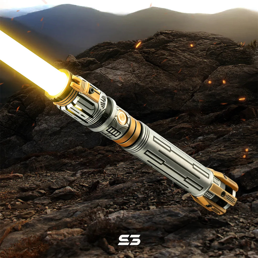 Ben Solo-inspired custom neopixel yellow lightsaber features High Republic theme known as Oathkeeper with Jedi Order emblem