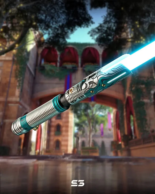 Cal Kestis-inspired custom neopixel cyan lightsaber features Naboo theme, vibrant teal and aquatic green accents, fluid floral pathways