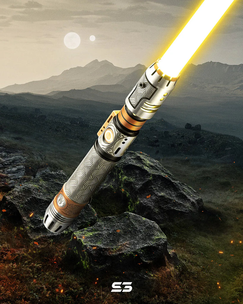 Pod racer engine-inspired custom neopixel yellow lightsaber features silver finish with gold accents, Jedi Order emblem, brass control box