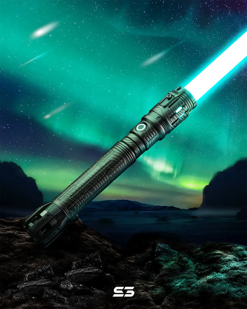 Ben Solo-inspired custom neopixel cyan lightsaber features Damascus steel-like "Shadow Beskar" with intricate etched patterns