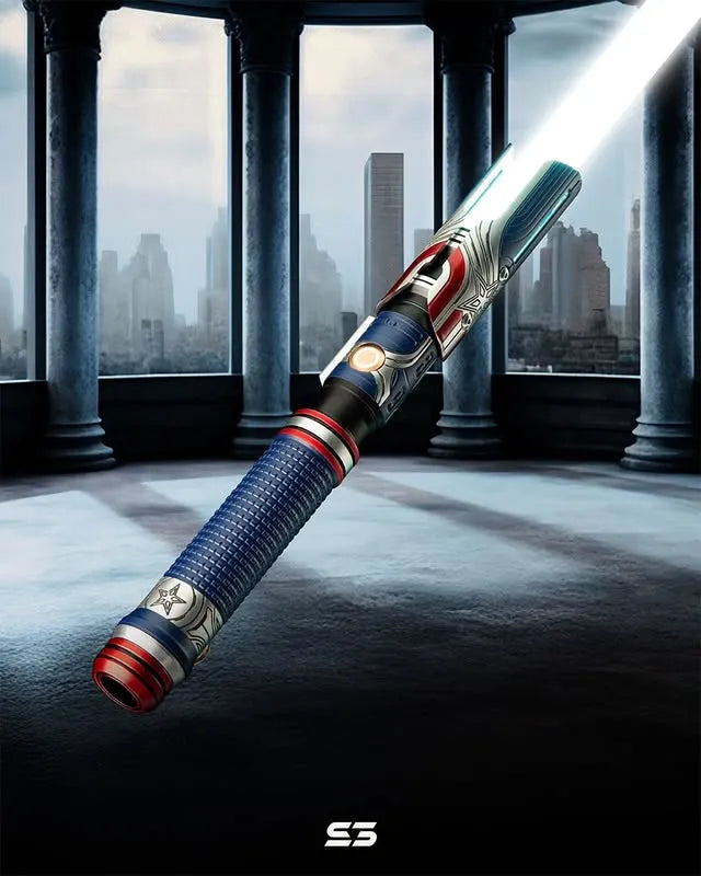 Cal Kestis-inspired custom neopixel white lightsaber features Red, Blue, and Silver finish with star emblems and vibranium wing motifs