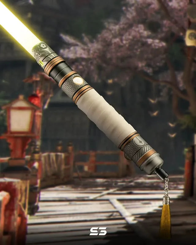 Rahm Kota-inspired custom neopixel lightsaber features dark finish, bronze accents, cherry blossom and Wave motifs, beige leather wrap