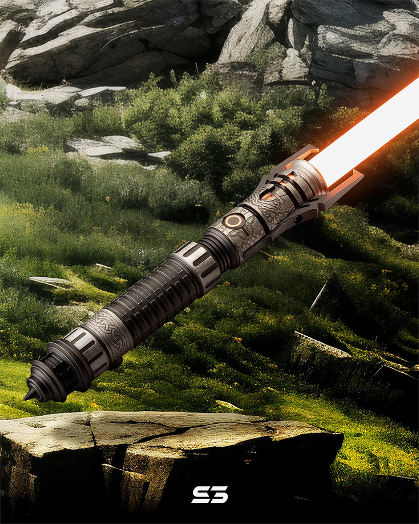 Taron Malicos-inspired custom neopixel lightsaber features weathered dark finish, Viking and Celtic knotwork, 'fang-like' emitter claws