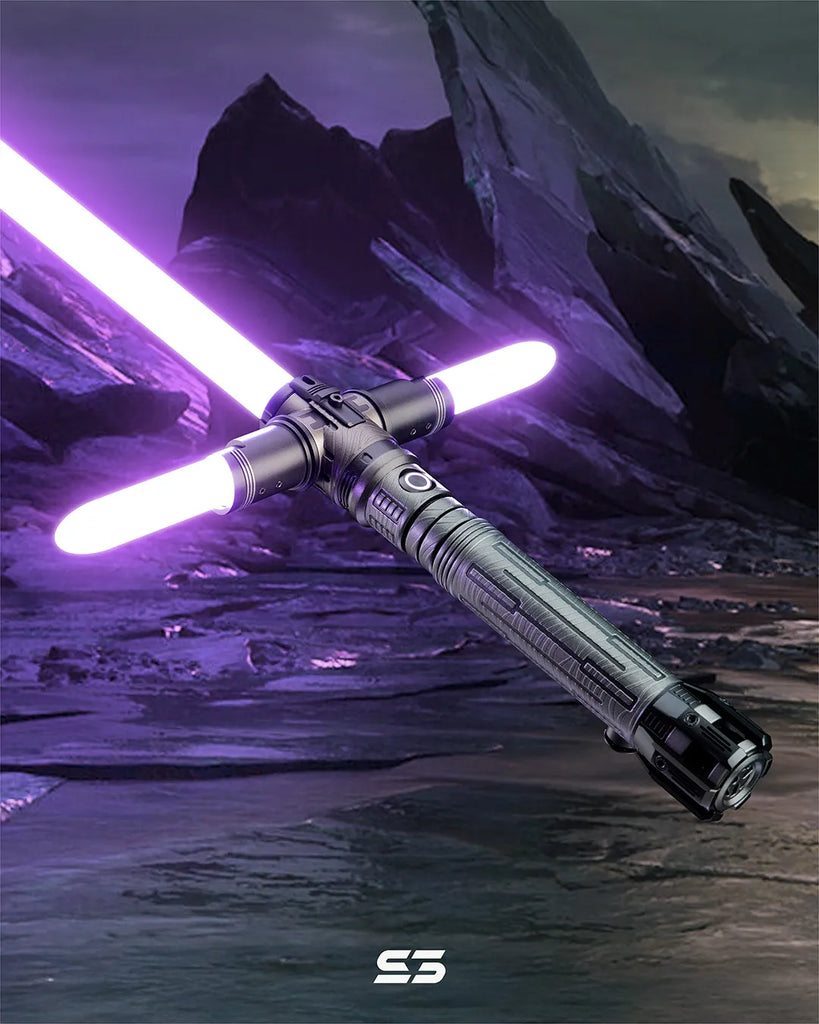 Kylo Ren-inspired custom neopixel purple lightsaber features Damascus steel-like finish with intricate etched patterns, crossguard side blades
