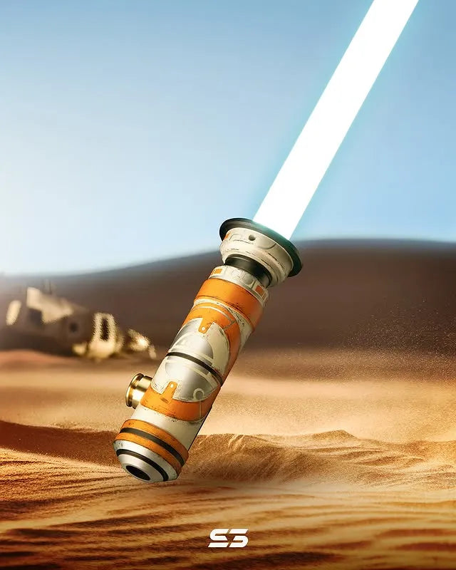 Grogu-inspired custom neopixel lightsaber features orange-white finish with droid panel motifs, brass accents, and a white blade