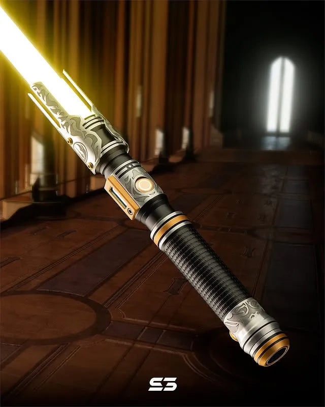 Cal Kestis-inspired custom neopixel lightsaber features silver finish, gold accents, abstract flame motifs, and a yellow blade