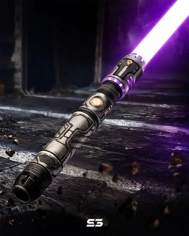 Pod racer engine-inspired custom neopixel lightsaber features weathered finish, semi-radial Zeffonian architecture motifs, purple blade