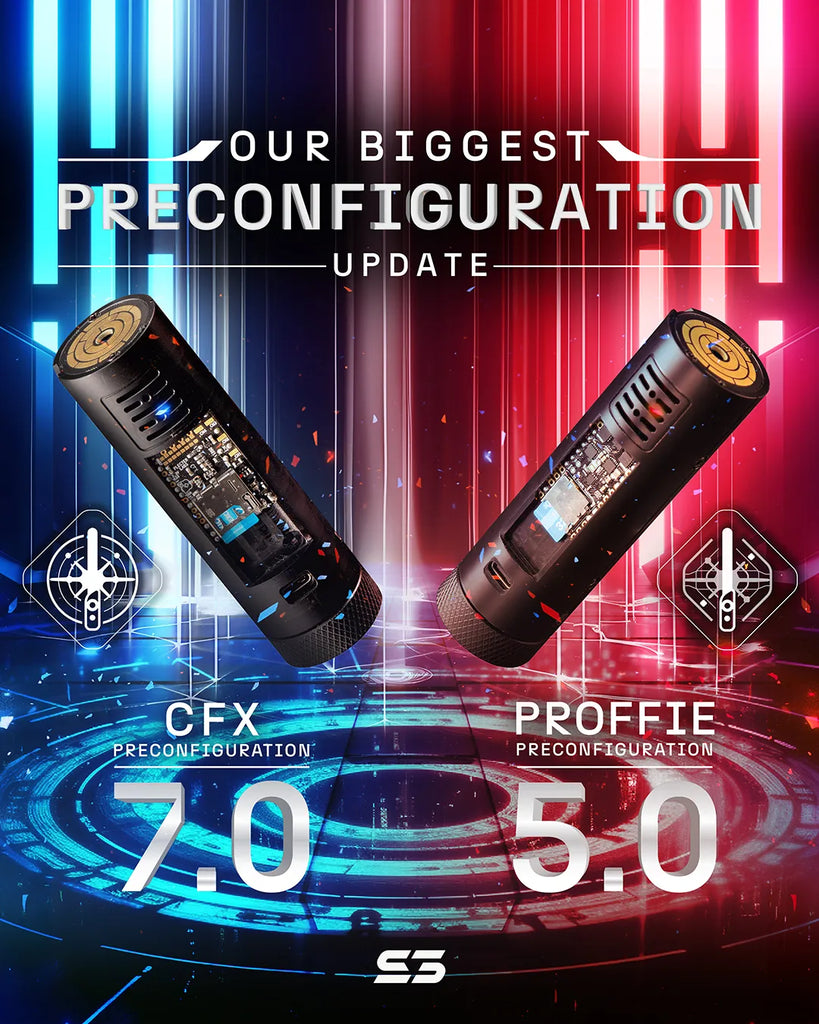 Two Advanced fully modular Power Core chassis for custom neopixel lightsabers floating against a split background of blue and red neon lights