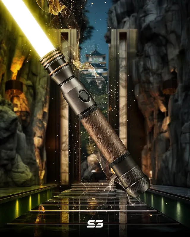 Clone Wars-inspired custom neopixel lightsaber features gunmetal finish, Goma lattice patterns, black anodized bands, and a yellow blade