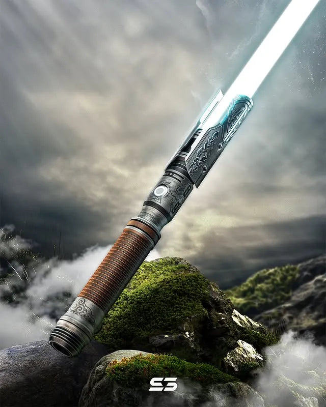 Cal Kestis-inspired custom neopixel lightsaber features weathered finish, earthy grip, Celtic knotwork, Triskele and Triquetra motifs
