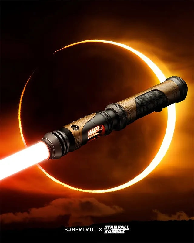 Clone Wars-inspired custom neopixel lightsaber features gunmetal finish, Goma lattice patterns, black anodized bands, and a yellow blade