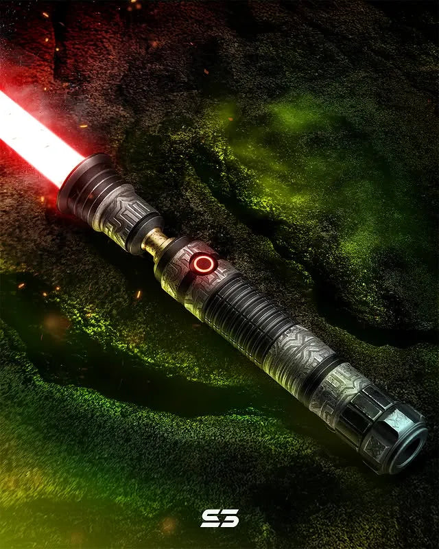 Luke Skywalker-inspired custom neopixel lightsaber features heavy weathered finish, Sith runes, worn extrusions, and red blade