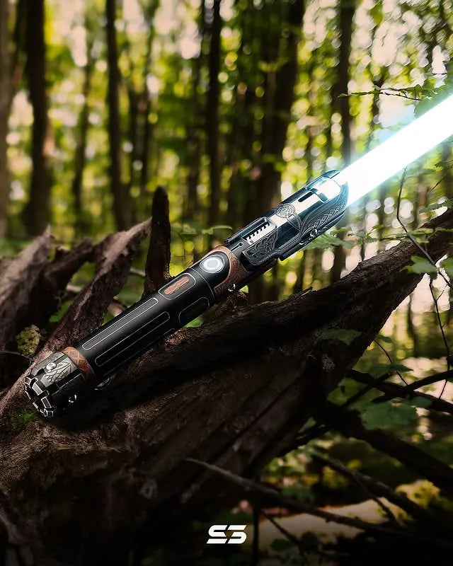 Exposed Kyber crystal custom neopixel white lightsaber features weathered finish with leathe accents, Celtic Serch Bythol symbol