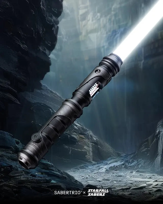 Darth Sidious-inspired custom neopixel lightsaber features dark marbled finish, exposed brass crystal, and white blade