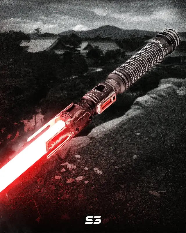 Cal Kestis-inspired custom neopixel red lightsaber features weathered monochrome finish, droid motifs and calligraphed Aurebesh
