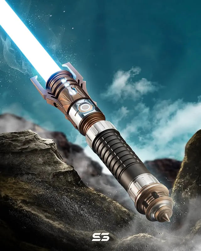 Taron Malicos-inspired custom neopixel blue lightsaber features brown-silver finish, High Republic wings, modified grenade grip