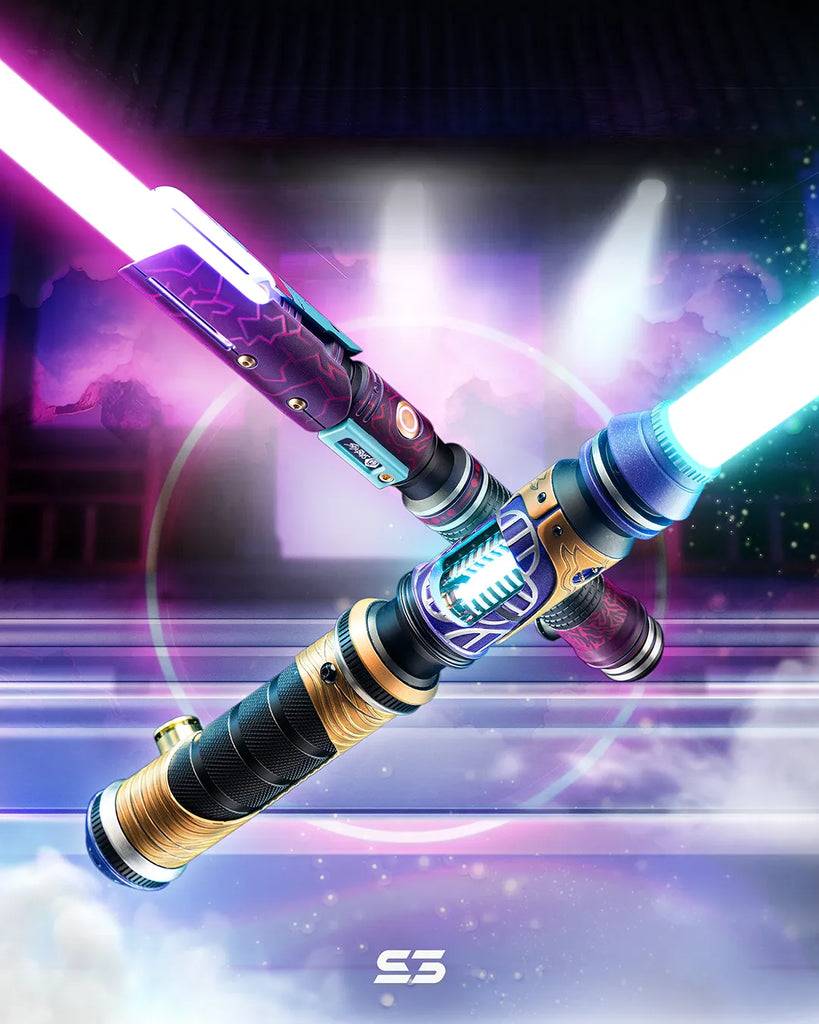 Darth Sidious and Cal Kestis-inspired custom neopixel lightsabers features K Pop Demon Hunter, with purple and cyan blades