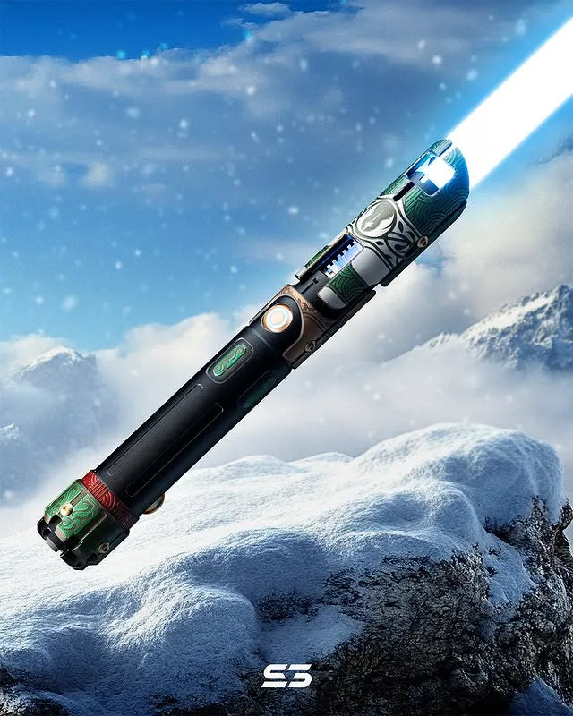 Exposed Kyber crystal custom neopixel white lightsaber features christmas theme, black finish, festive green and red swirl patterns