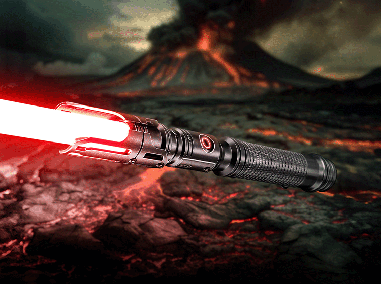 Senza custom lightsaber with Neopixel technology and swappable emitter shrouds