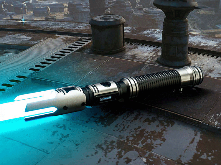 Senza custom lightsaber with Neopixel technology and swappable emitter shrouds