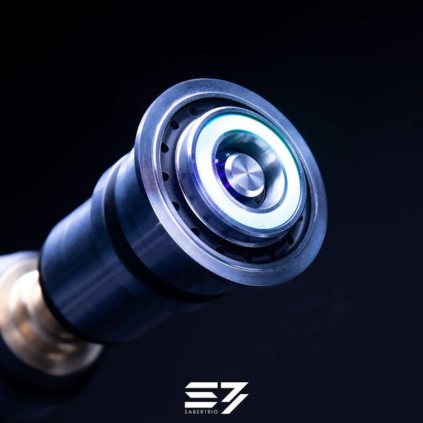 Close-up of a lightsaber emitter fitted with an illuminated mechanical blade plug