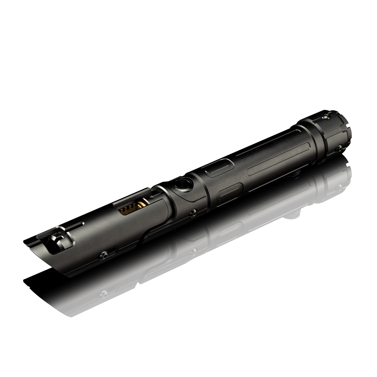 Korvus custom lightsaber with exposed crystal chamber and Neopixel technology